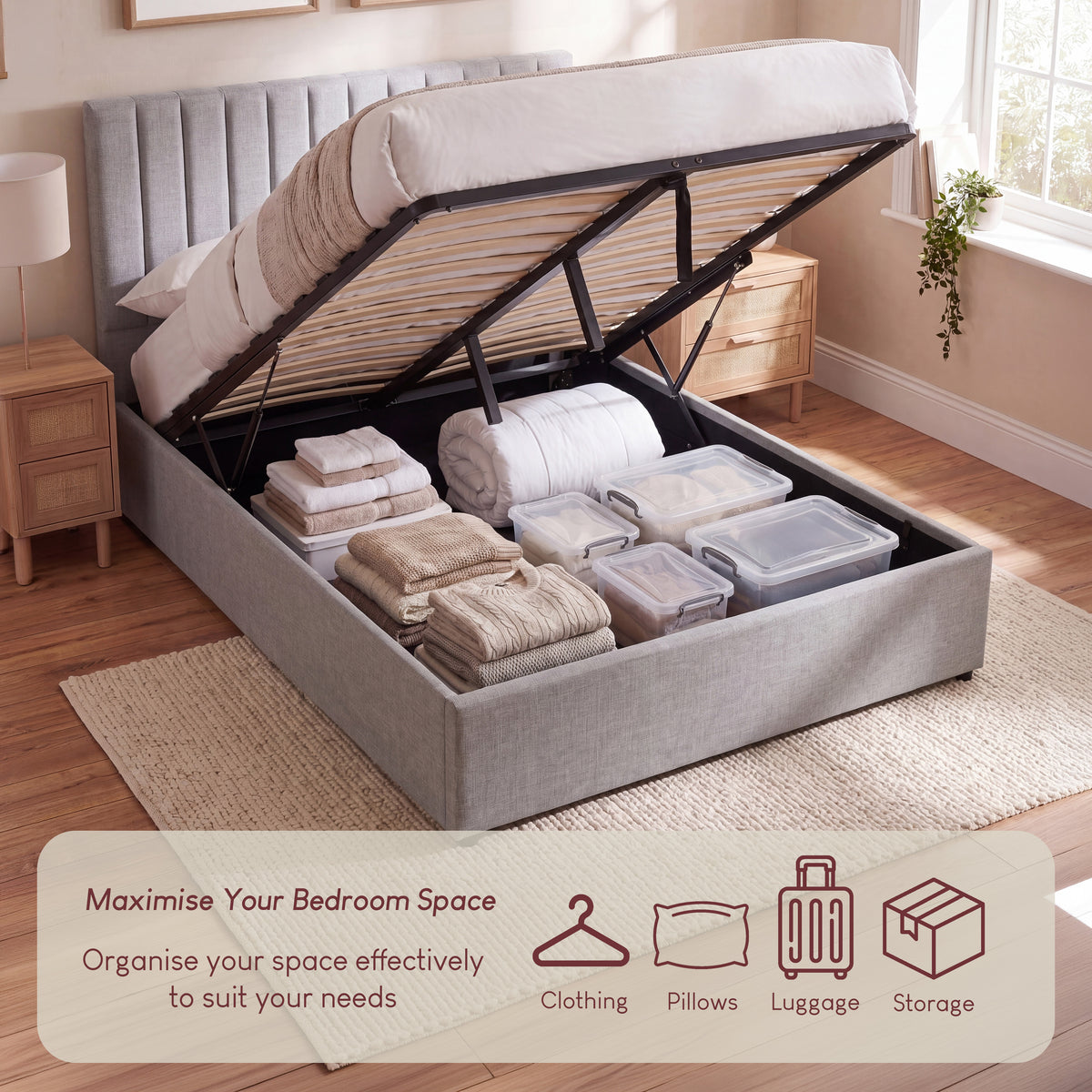 Vellaro King Size Ottoman Fabric Bed, Light Grey Linen