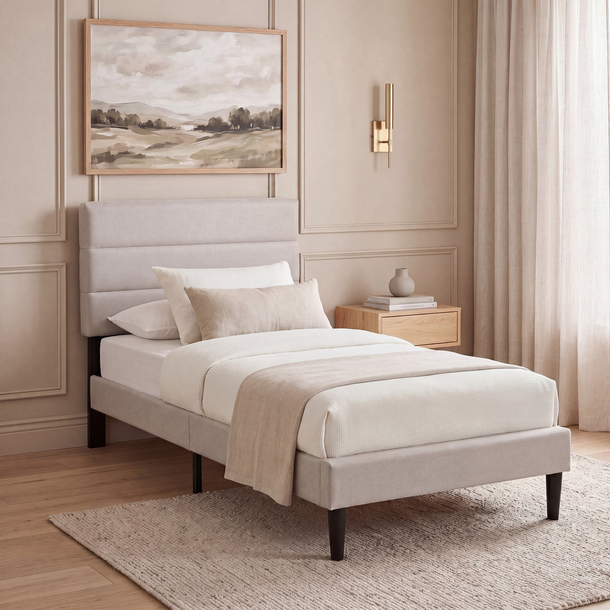 Vandura Single Fabric Bed and Mattress, Beige Linen