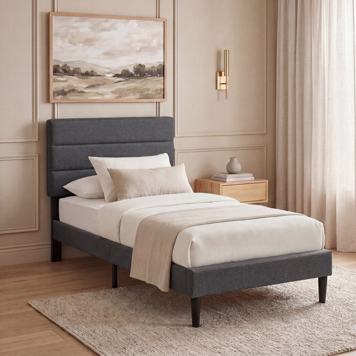 Vandura Single Fabric Bed and Mattress, Dark Grey Linen