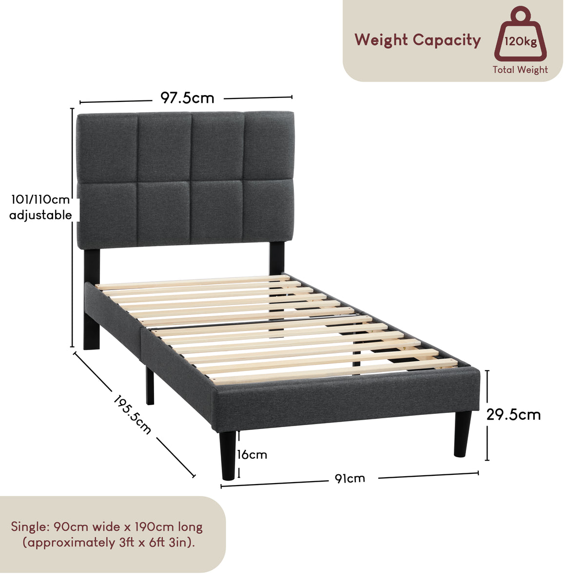 Velmora Single Fabric Bed, Dark Grey Linen