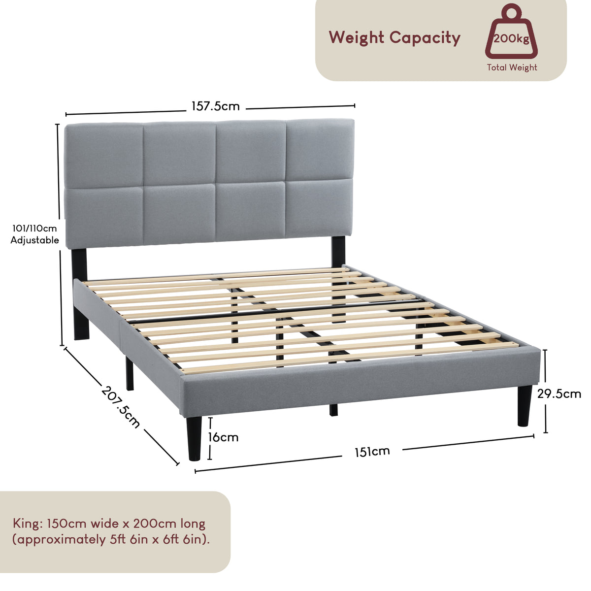 Velmora King Size Fabric Bed and Mattress, Light Grey Linen