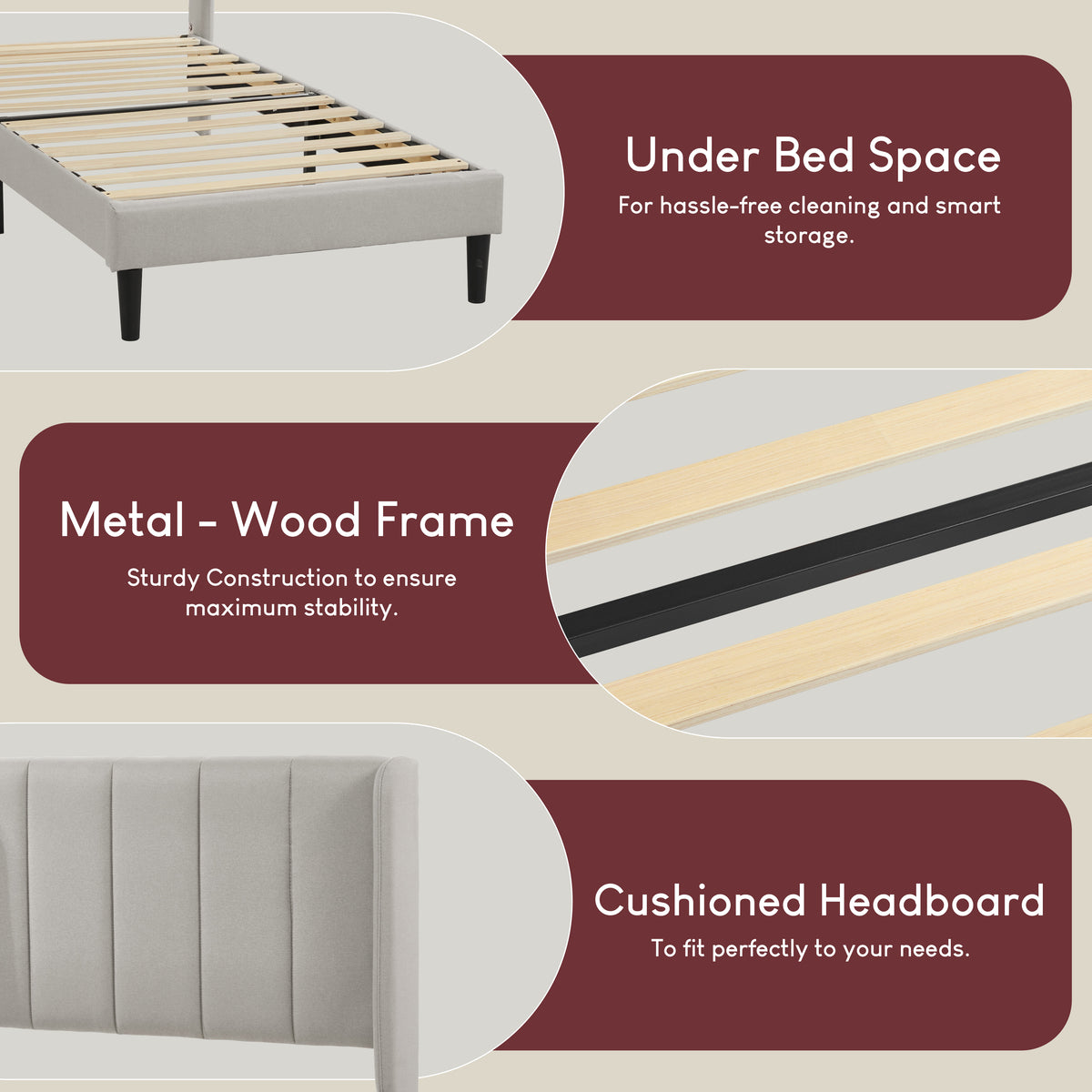 Vianna Single Fabric Bed and Mattress, Beige Linen