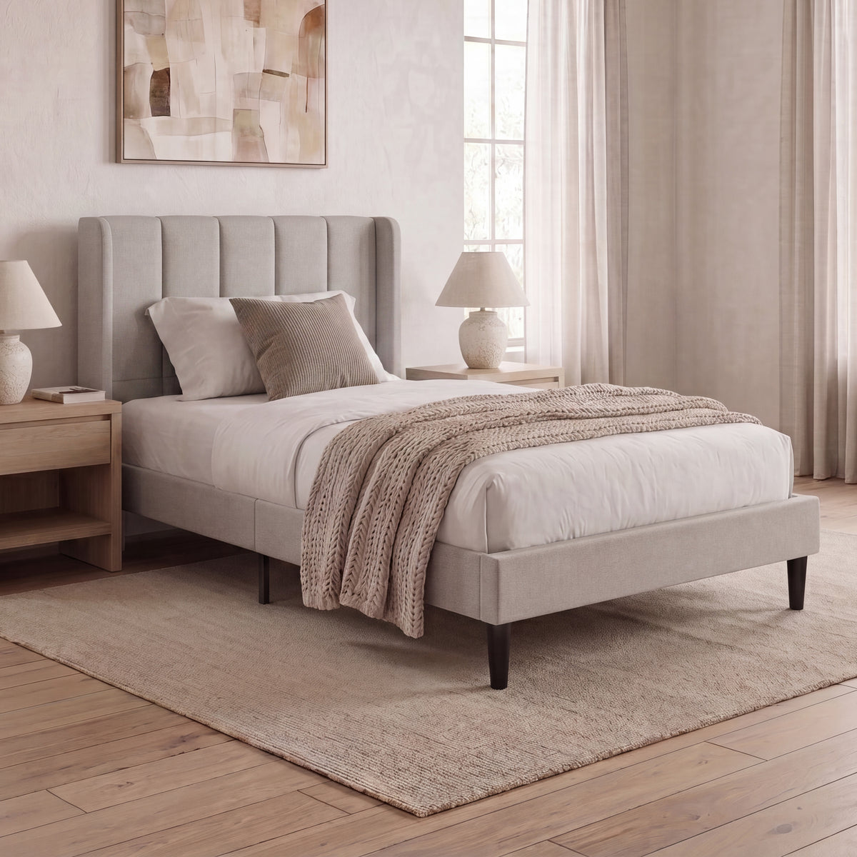 Vianna Single Fabric Bed and Mattress, Beige Linen