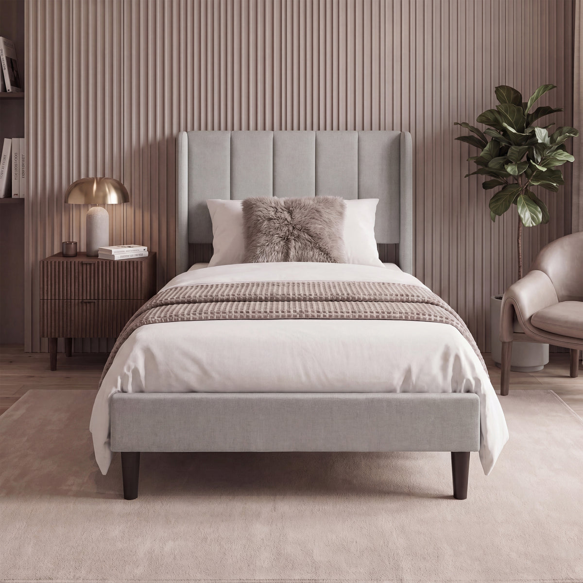 Vianna Single Fabric Bed and Mattress, Beige Linen