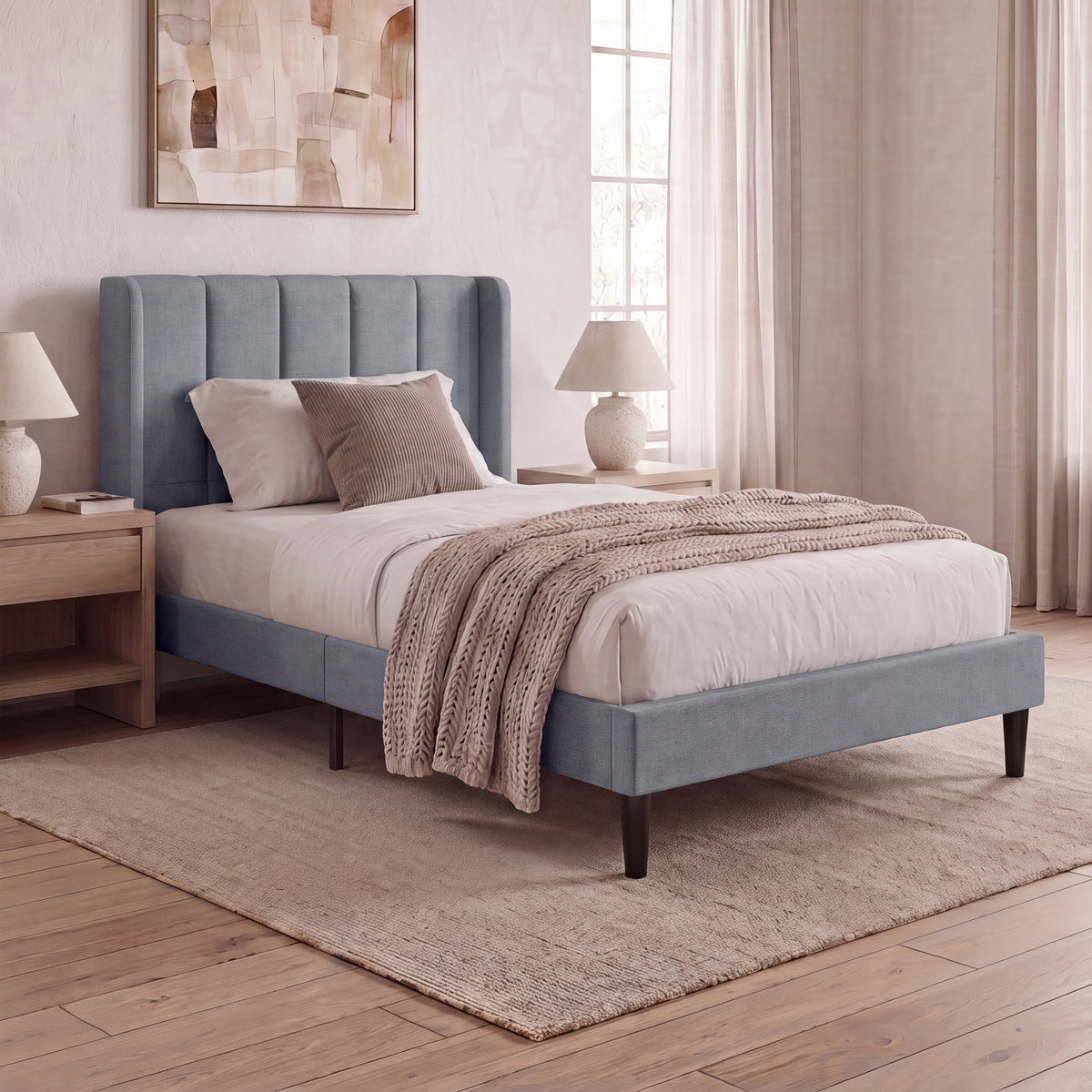 Vianna Single Fabric Bed and Mattress, Light Grey Linen