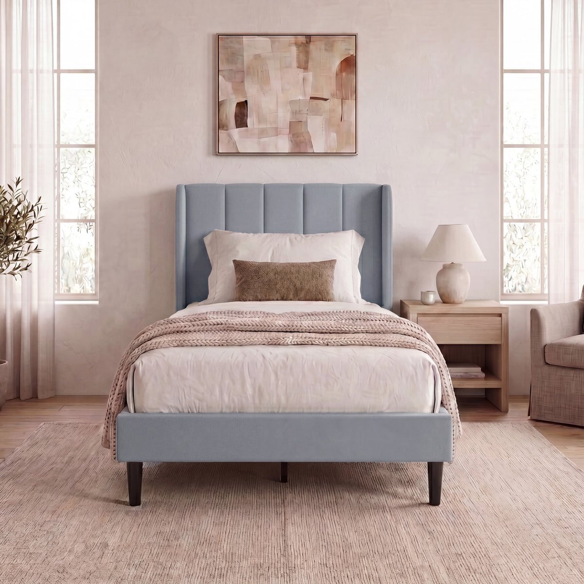 Vianna Single Fabric Bed and Mattress, Light Grey Linen