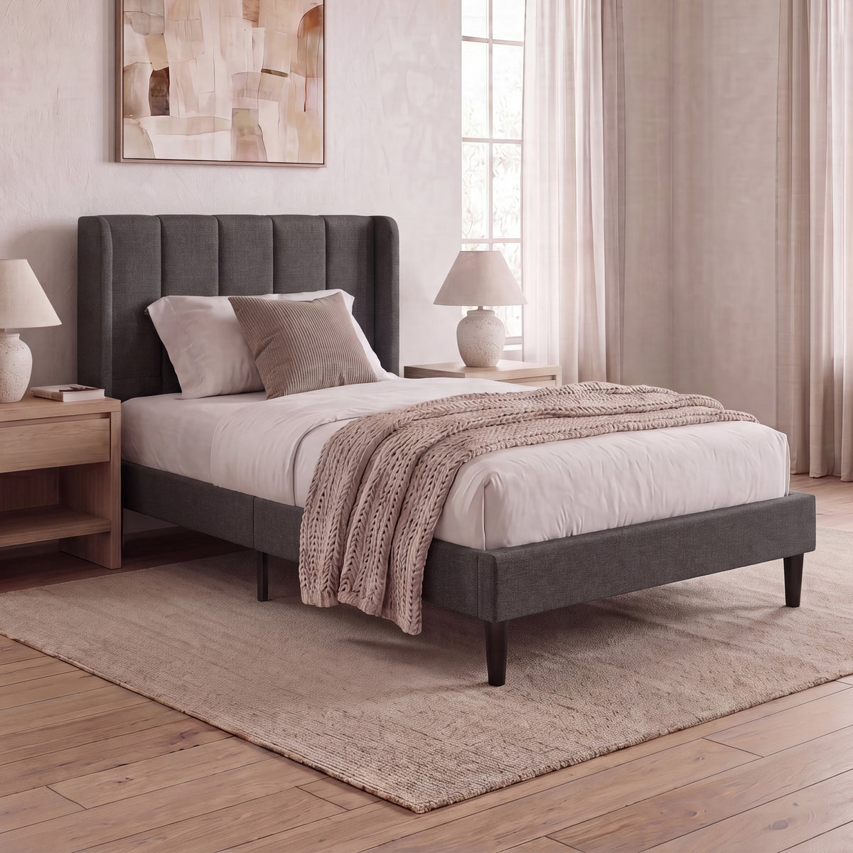 Vianna Single Fabric Bed and Mattress, Dark Grey Linen