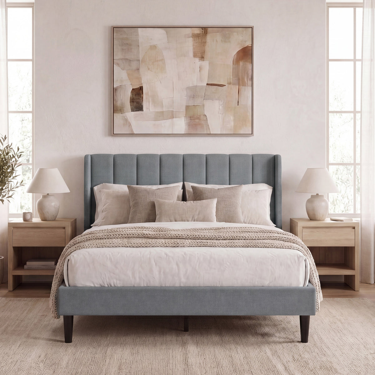 Vianna Double Fabric Bed and Mattress, Light Grey Linen