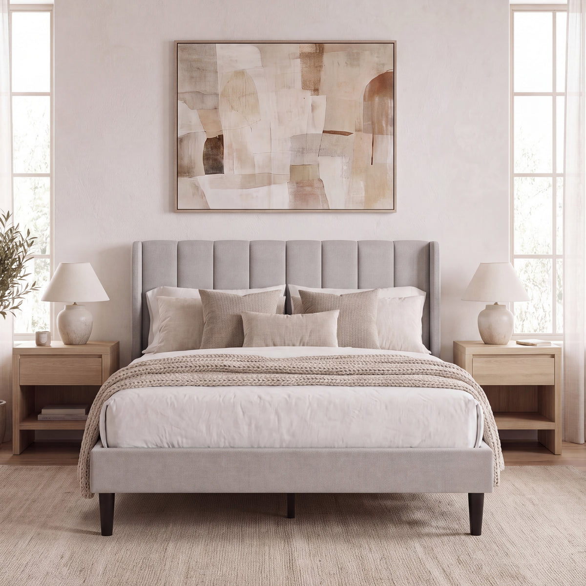 Vianna King Size Fabric Bed and Mattress Beige Linen