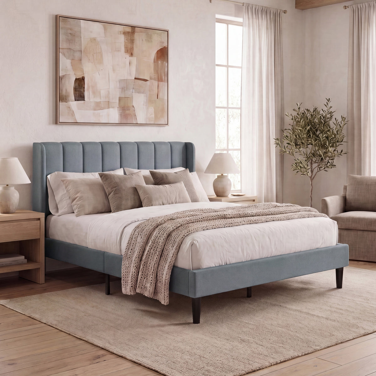 Vianna King Size Fabric Bed and Mattress Light Grey Linen