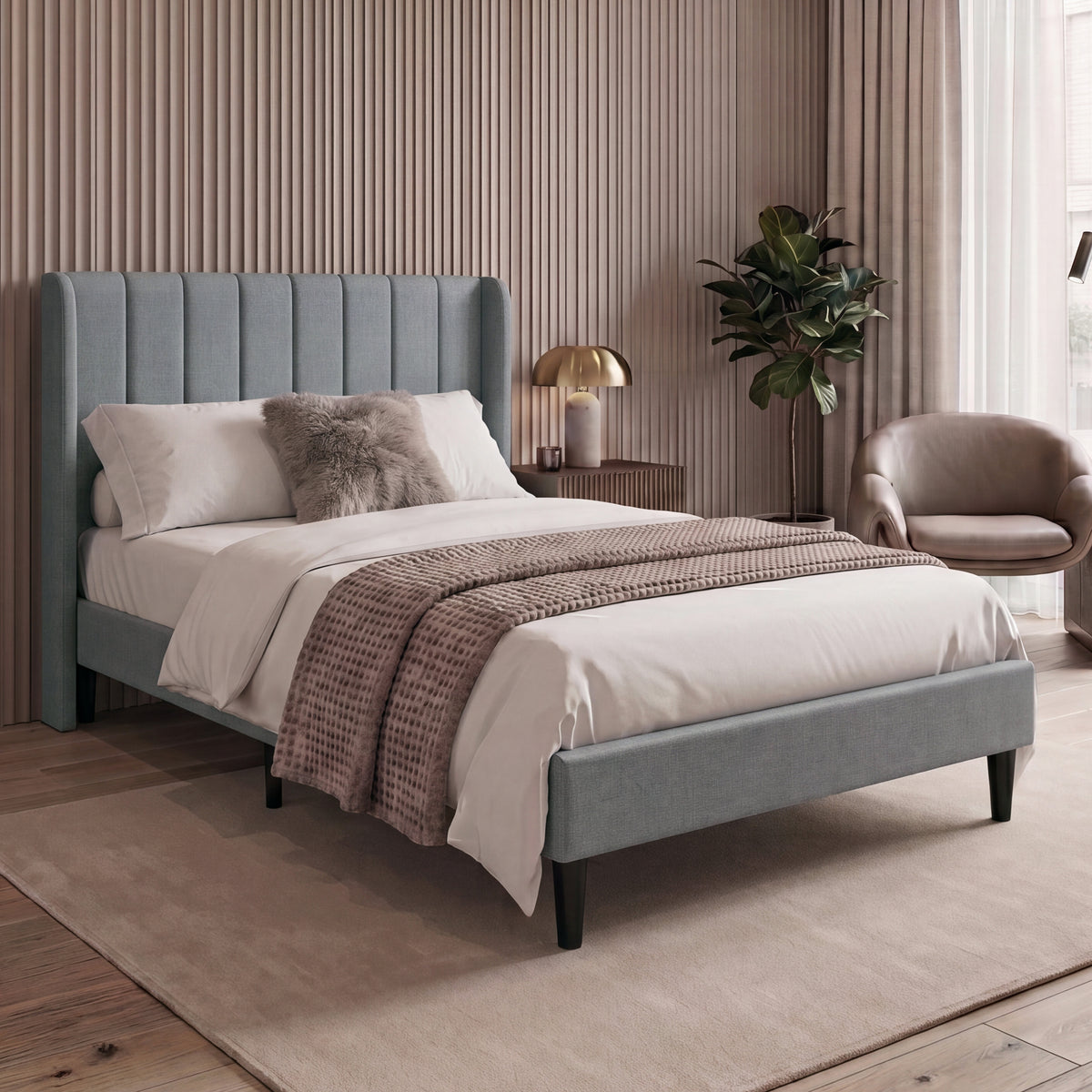 Vianna King Size Fabric Bed and Mattress Light Grey Linen