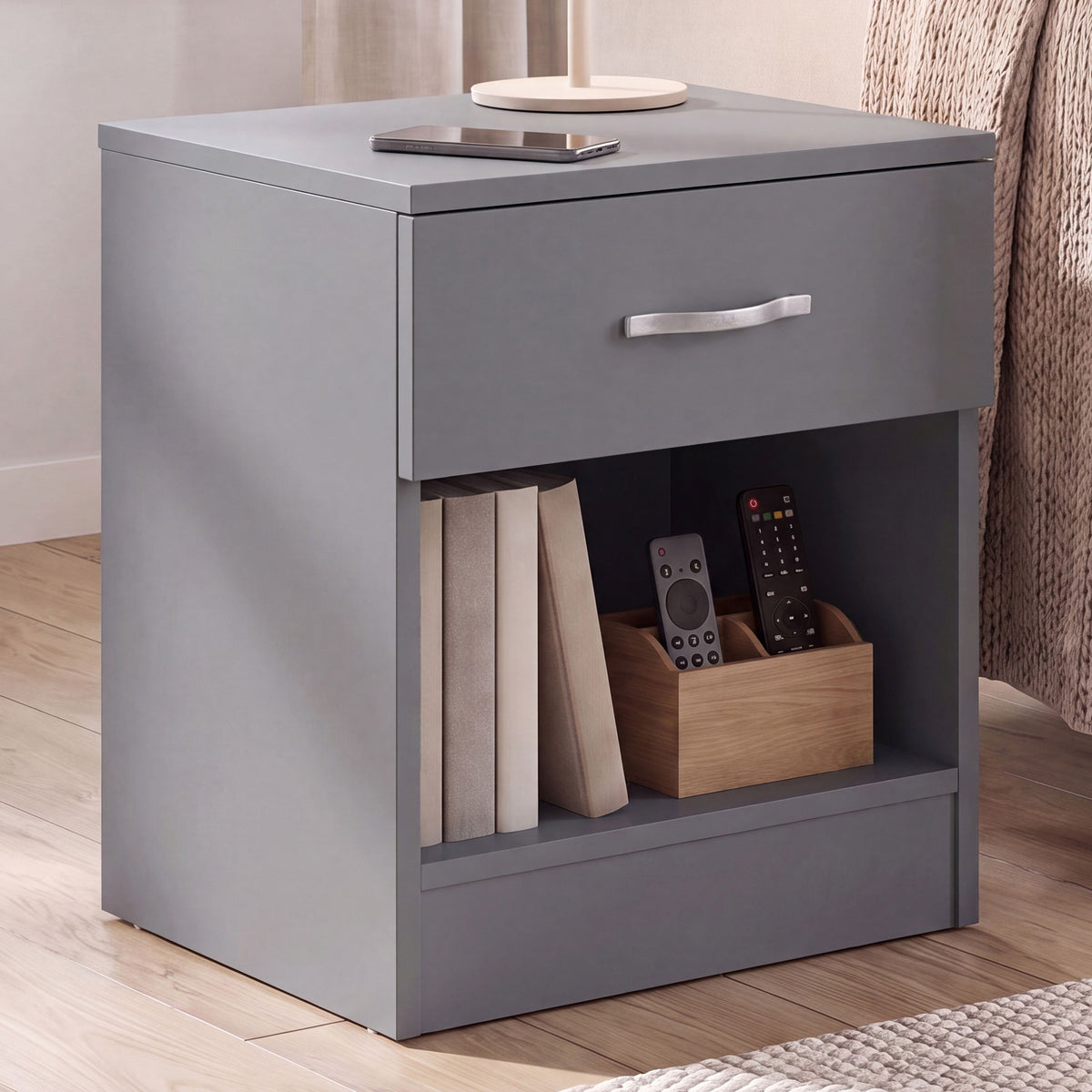 Riano 1 Drawer Bedside Chest Set Grey Bedroom Storage Unit