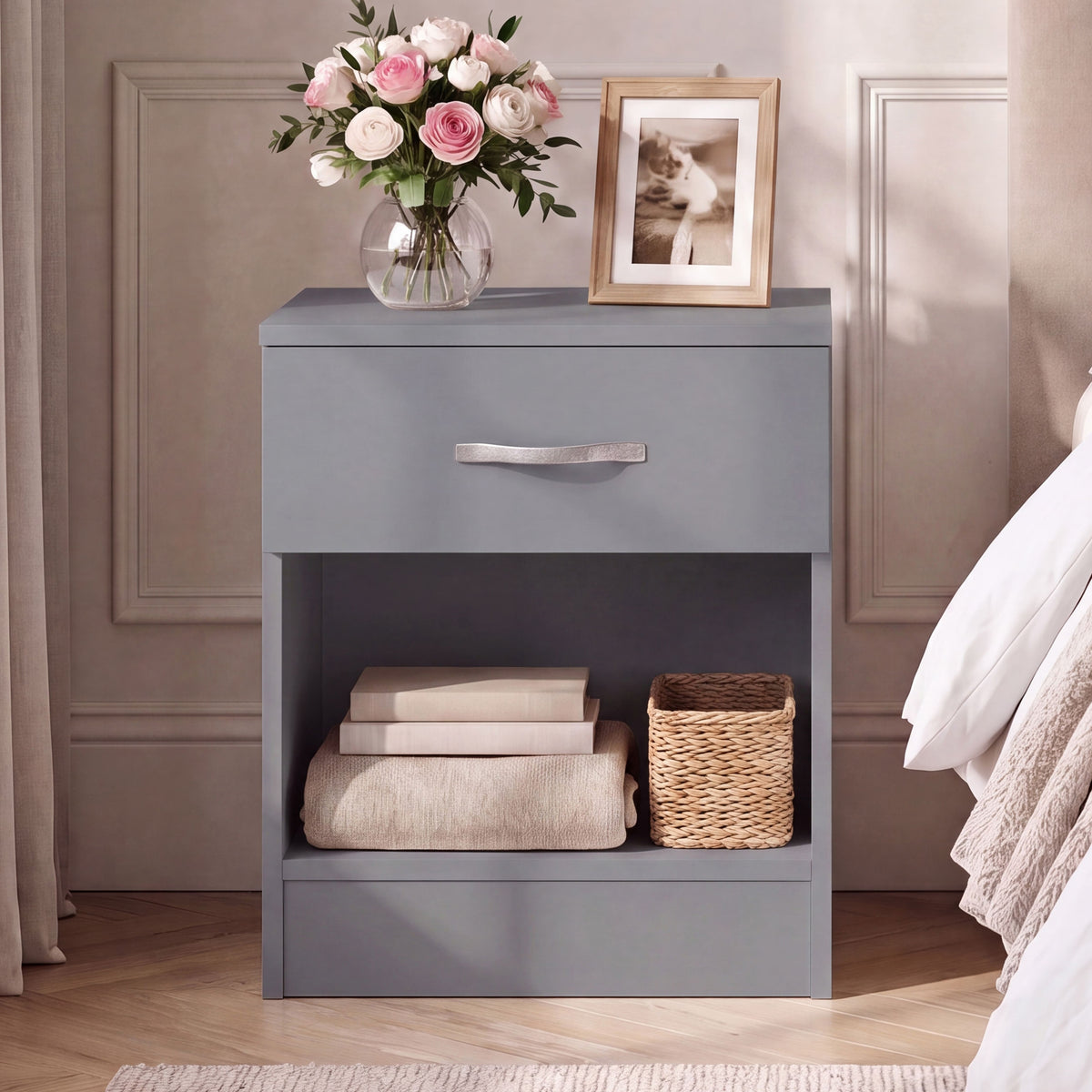Riano 1 Drawer Bedside Chest Set Grey Bedroom Storage Unit