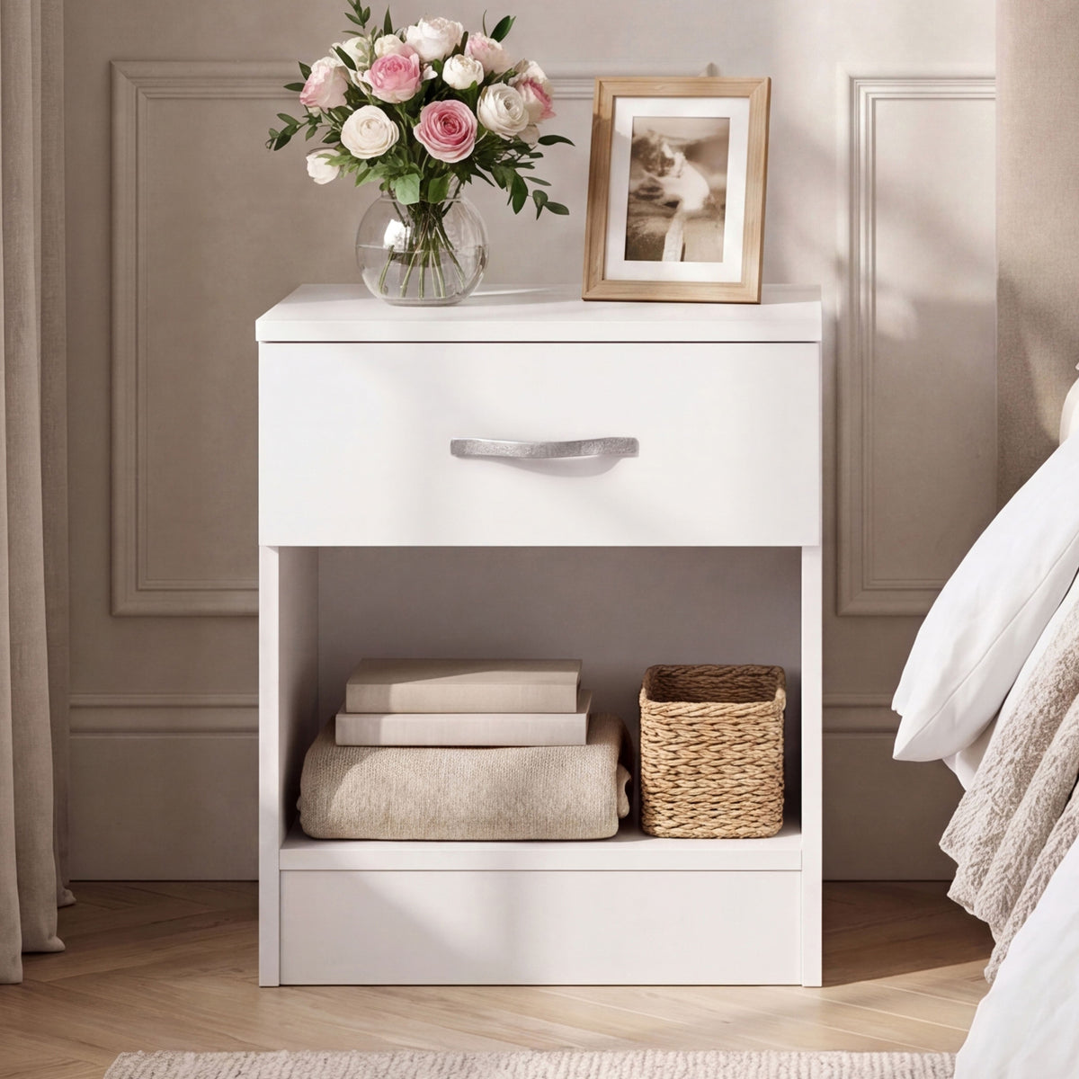 Riano 1 Drawer Bedside Chest Set White Bedroom Storage Unit