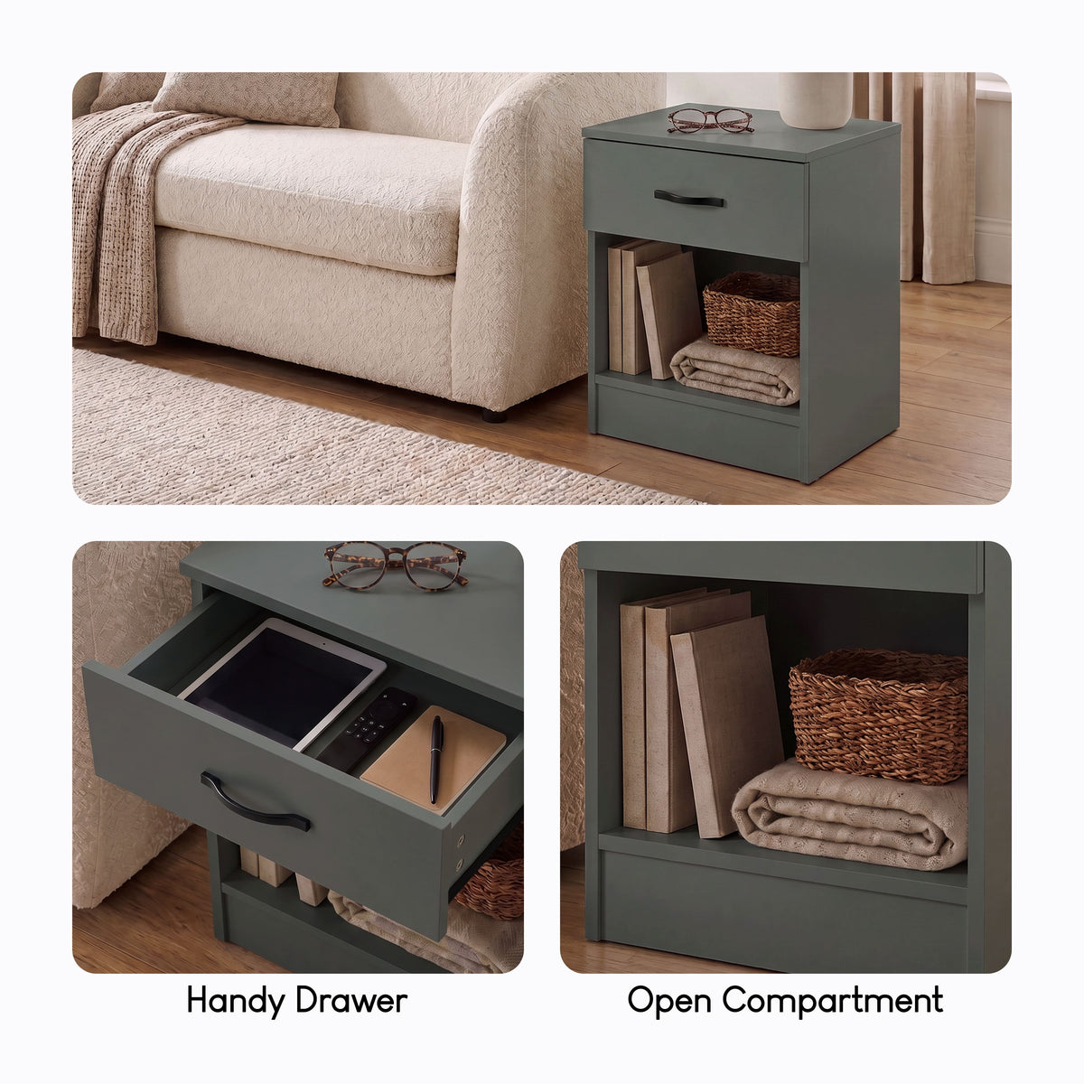 Riano 1 Drawer Bedside Chest Set Green Bedroom Storage Unit