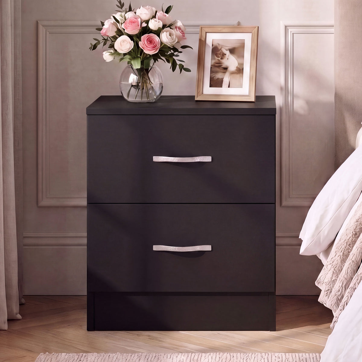 Riano 2 Drawer Bedside Chest Table- Set of 2, Black