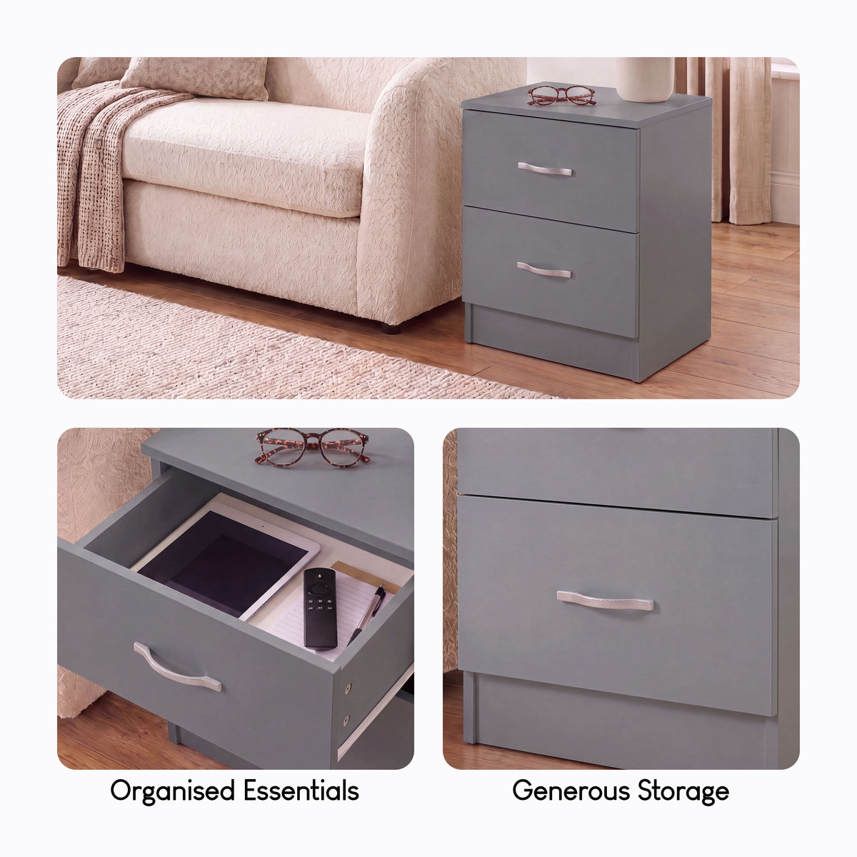 Riano 2 Drawer Bedside Chest Set Grey Bedroom Storage Unit