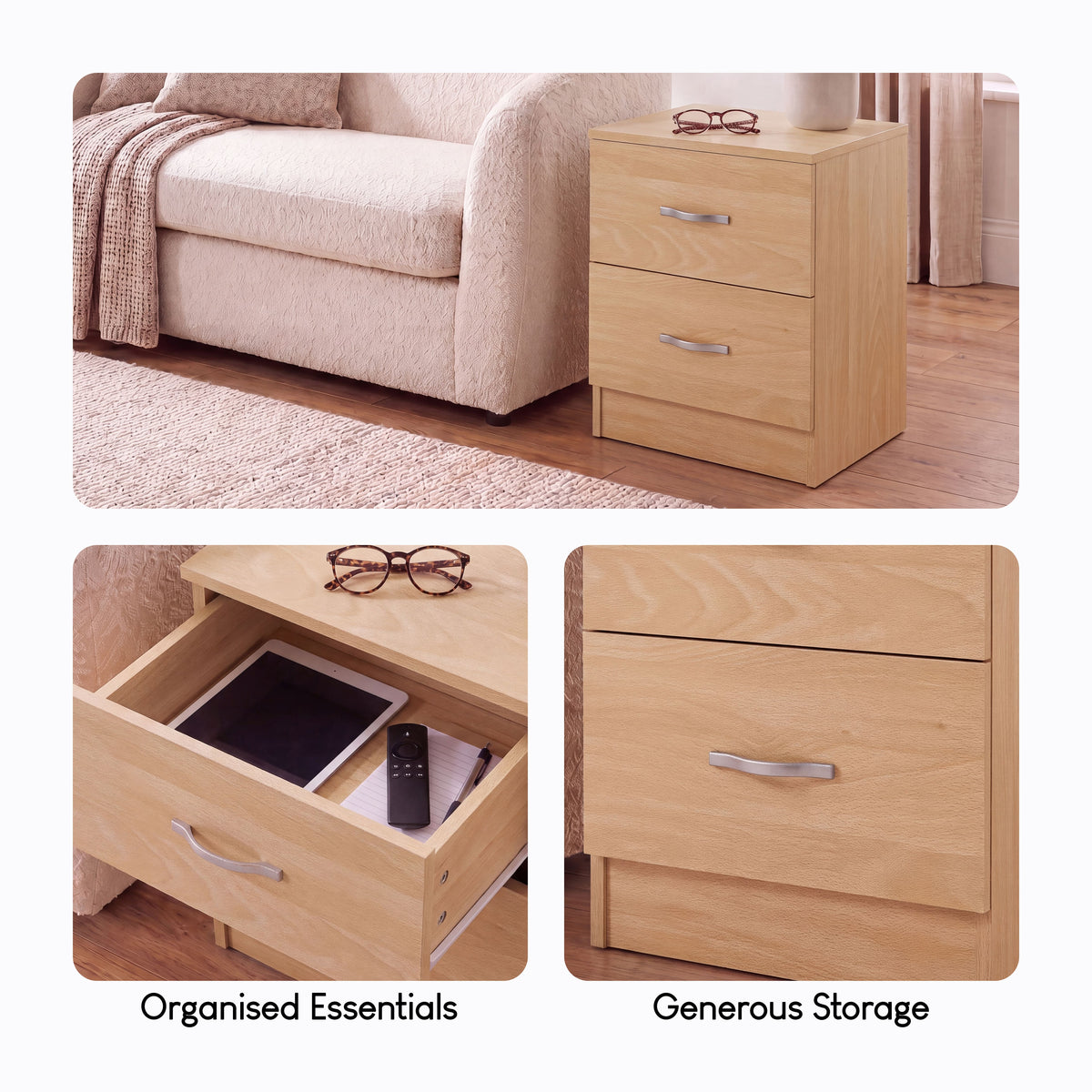 Riano 2 Drawer Bedside Chest Set Pine Bedroom Storage Unit