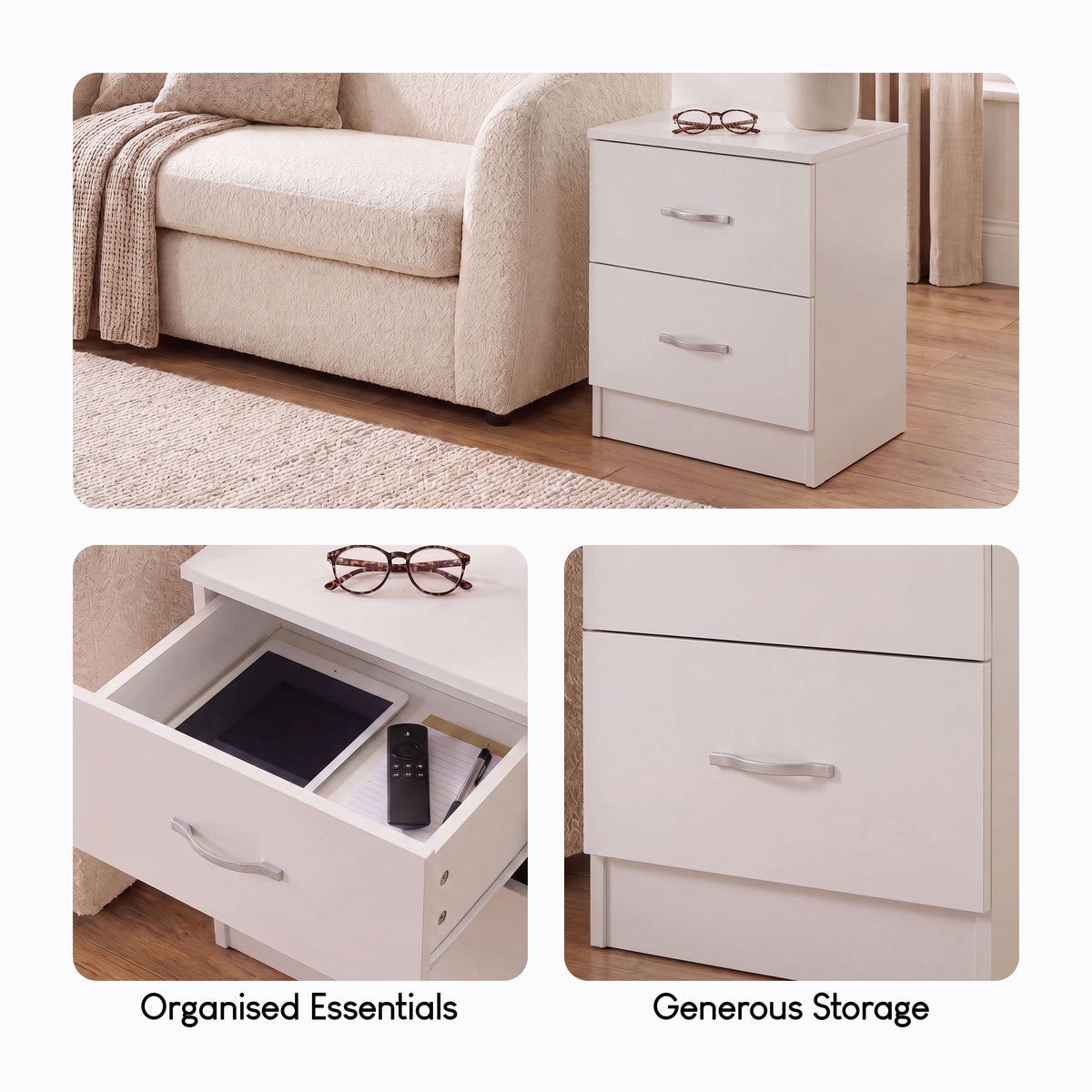Riano 2 Drawer Bedside Chest Set White Bedroom Storage Unit