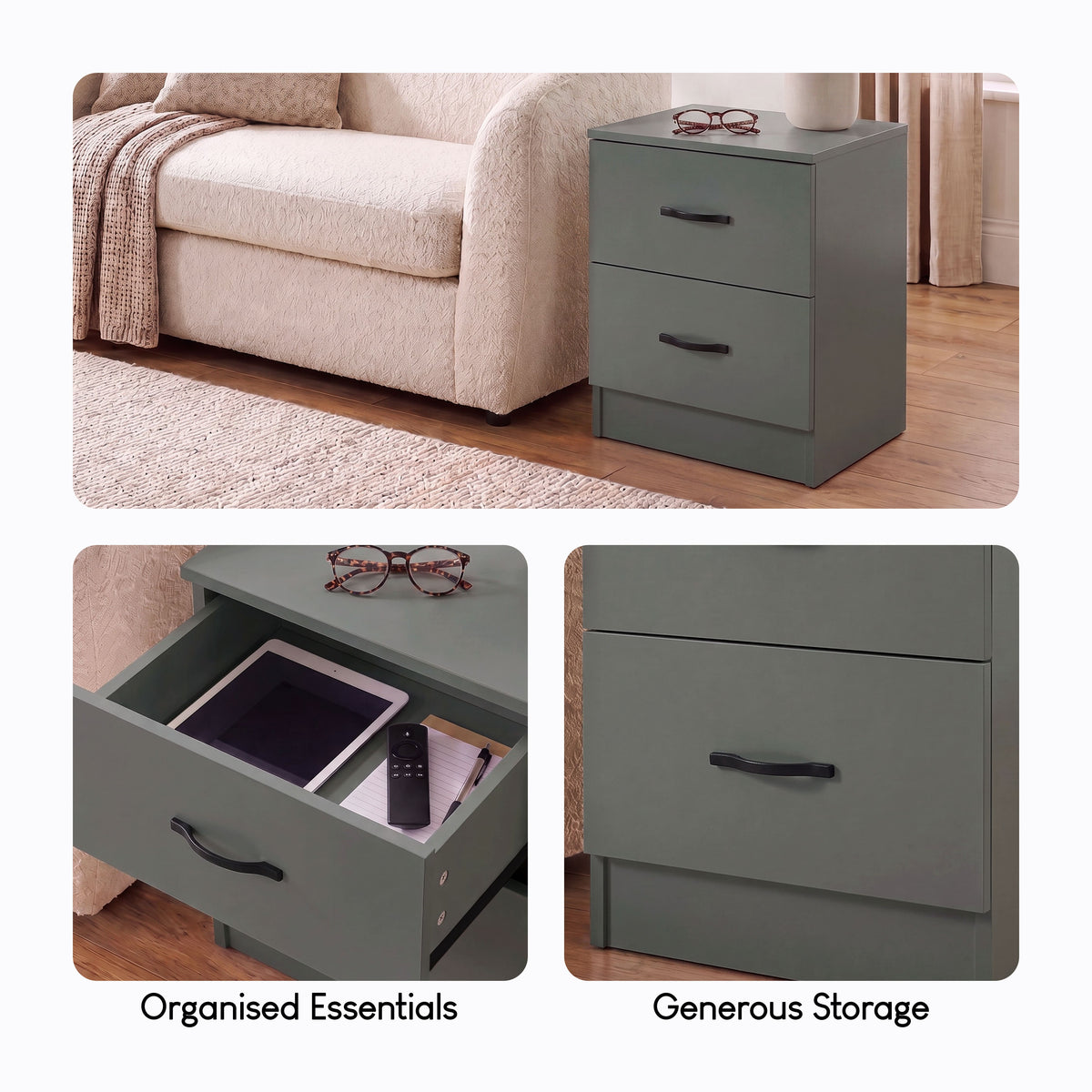 Riano 2 Drawer Bedside Chest Set Green Bedroom Storage Unit