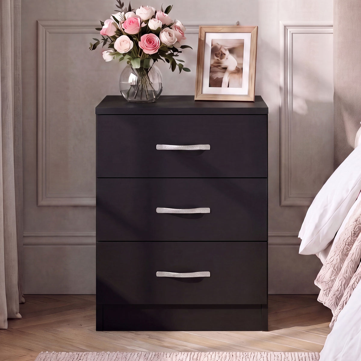 Riano 3 Drawer Bedside Chest Set Black Bedroom Storage Unit