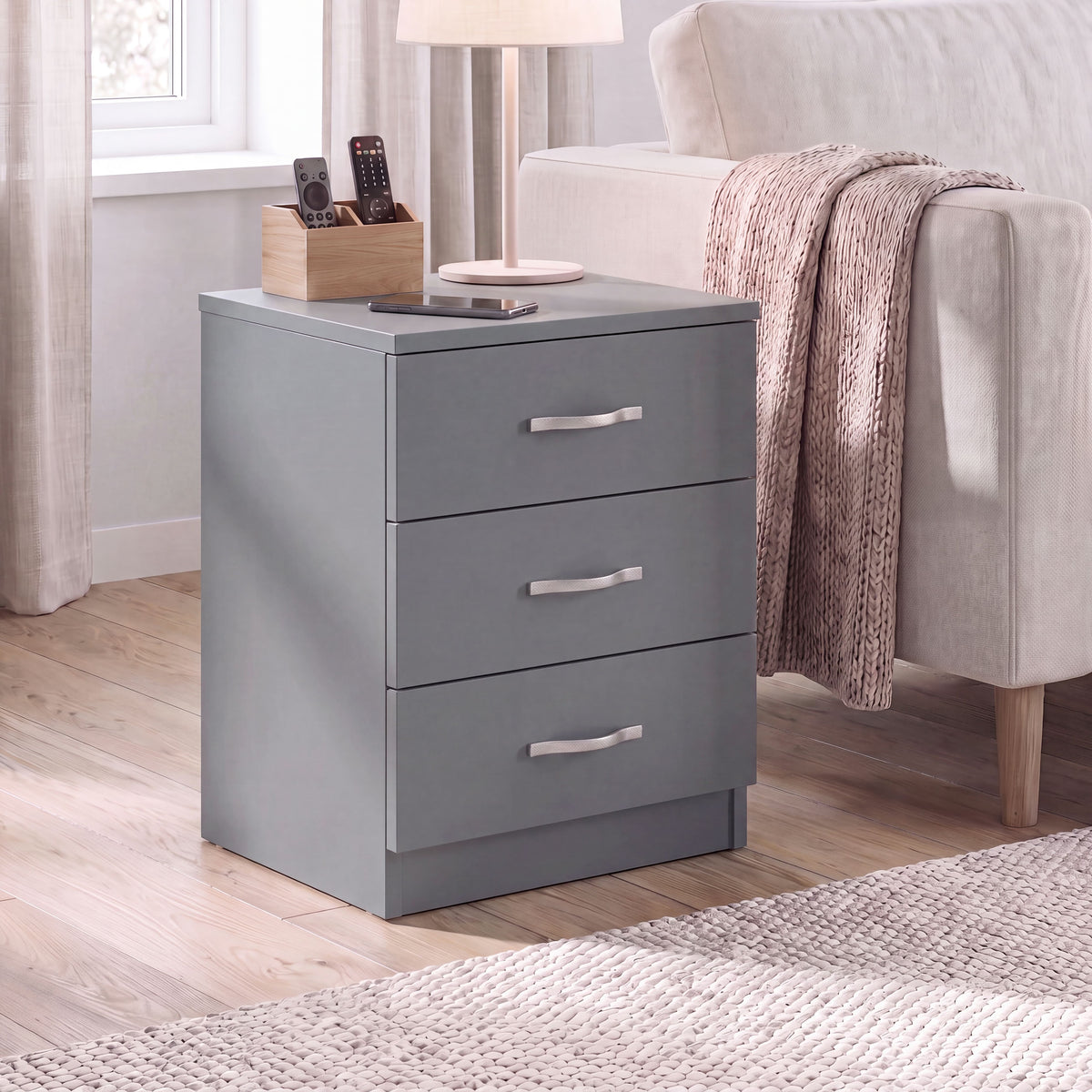 Riano 3 Drawer Bedside Chest Set Grey Bedroom Storage Unit