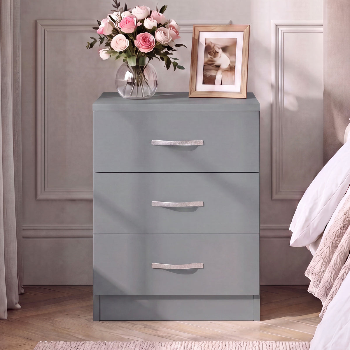Riano 3 Drawer Bedside Chest Set Grey Bedroom Storage Unit