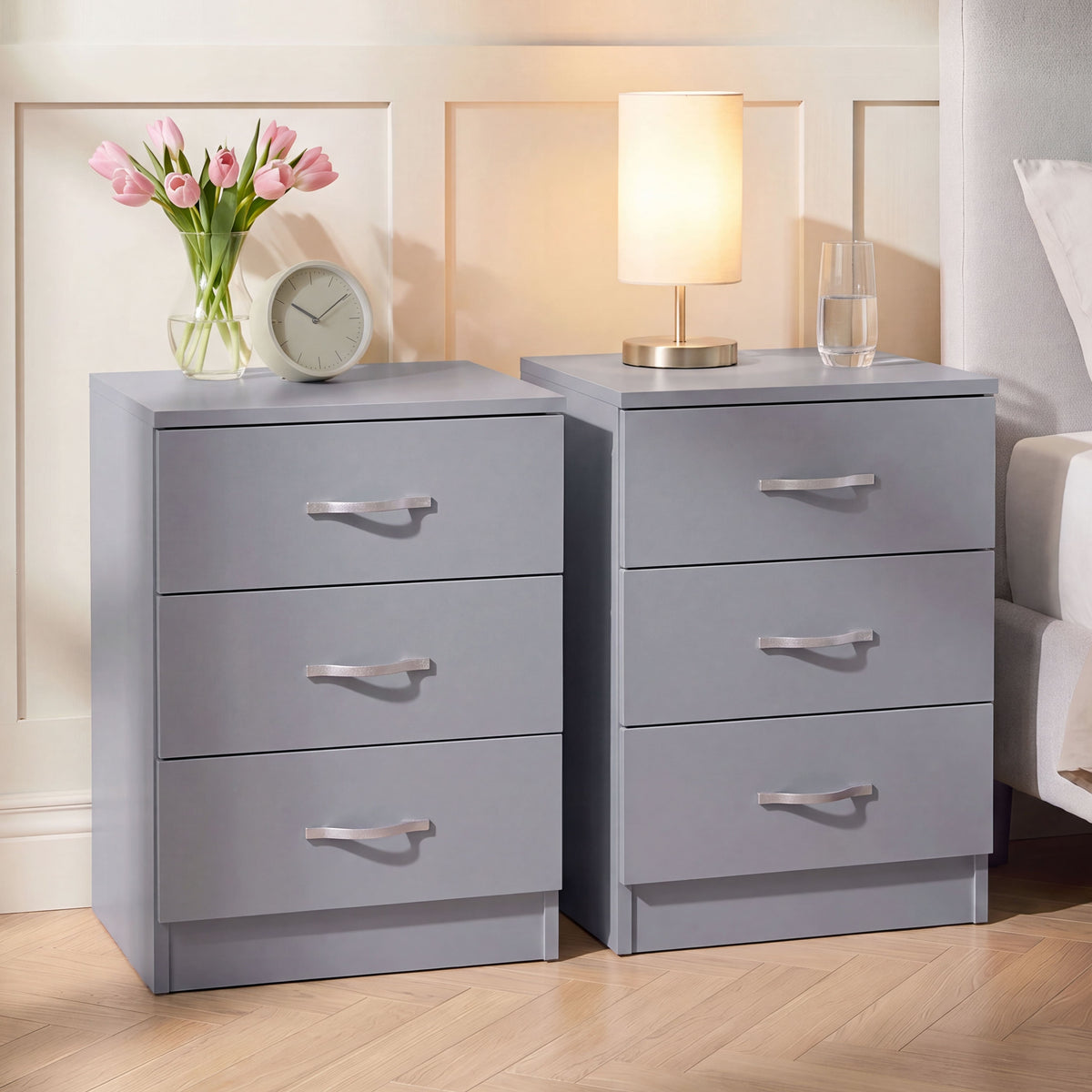 Riano 3 Drawer Bedside Chest Set Grey Bedroom Storage Unit