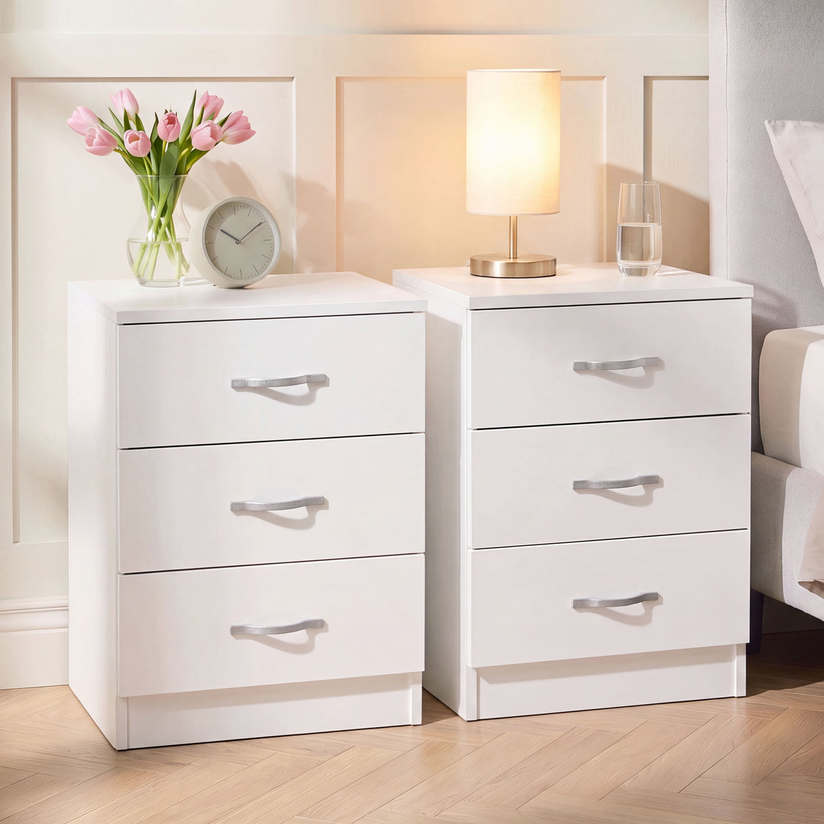 Riano 3 Drawer Bedside Chest Set White Bedroom Storage Unit