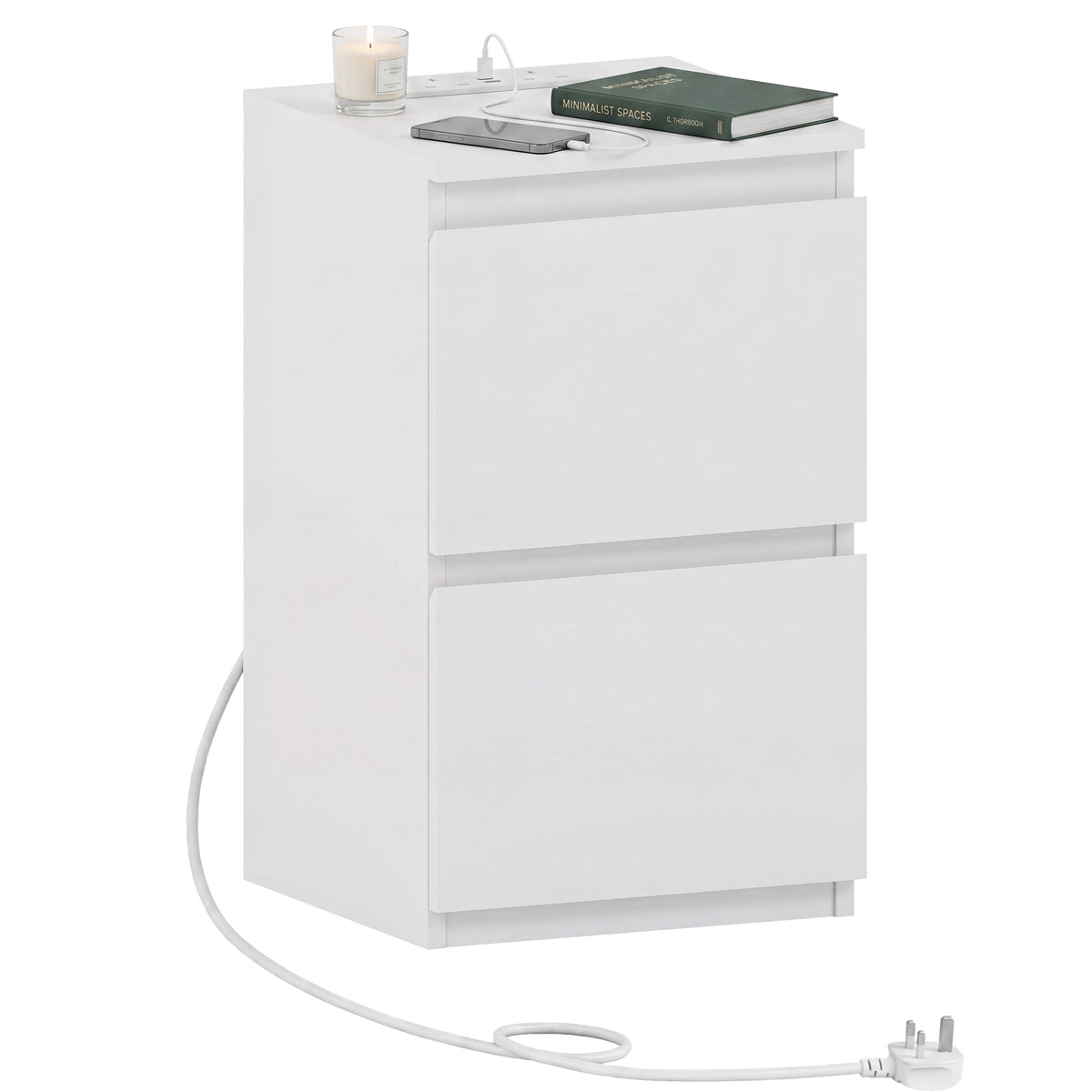 Denver 2 Drawer small Bedside Chest Table, white, with Power Outlet for bedroom storage