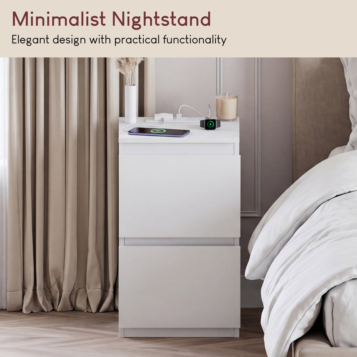 Denver 2 Drawer small Bedside Chest Table, white, with Power Outlet for bedroom storage