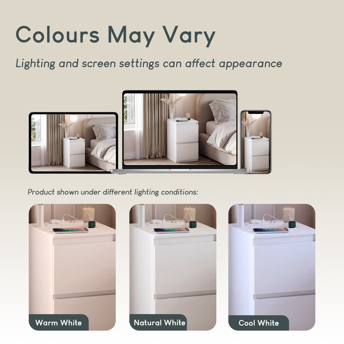 Denver 2 Drawer small Bedside Chest Table, white, with Power Outlet for bedroom storage