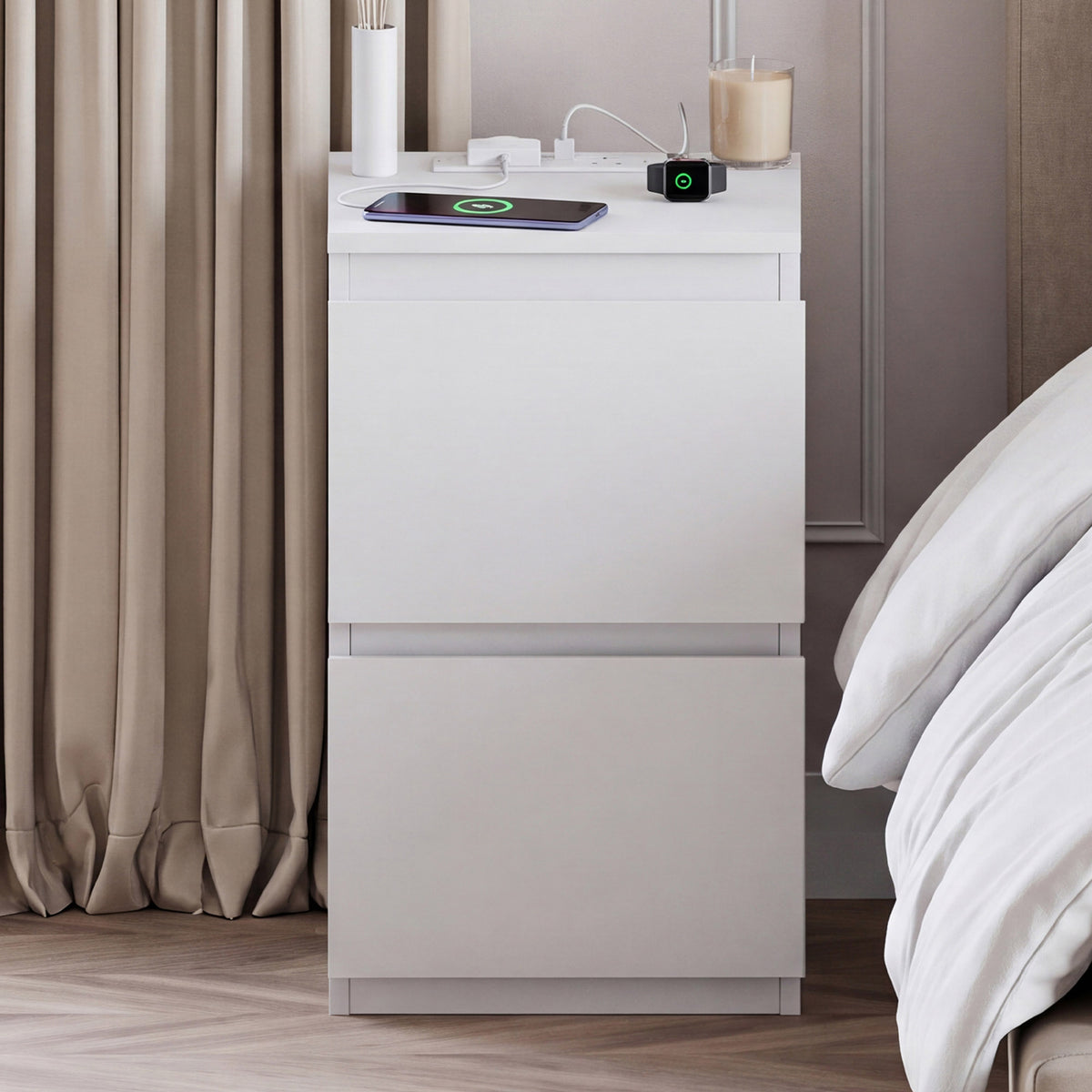 Denver 2 Drawer small Bedside Chest Table, white, with Power Outlet for bedroom storage