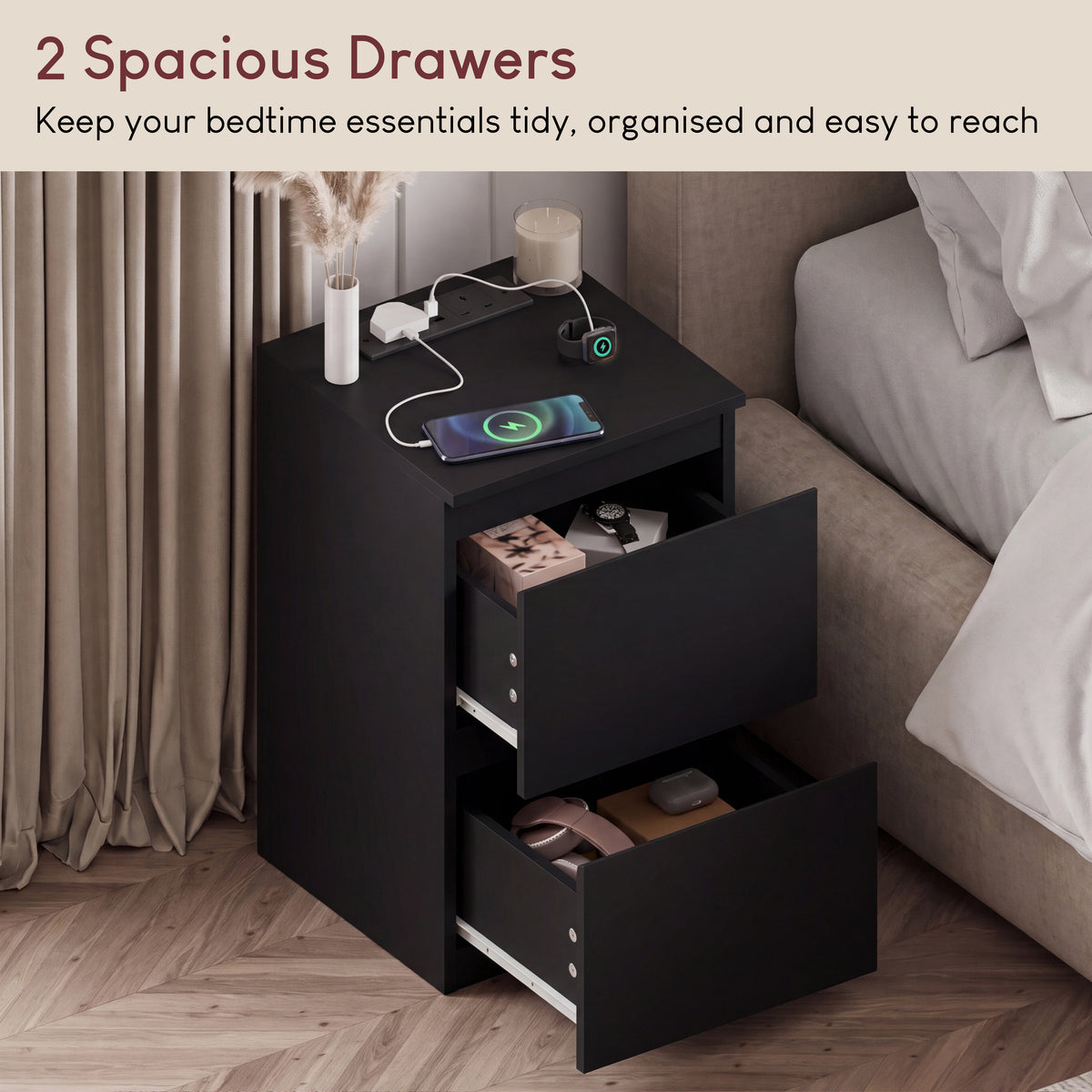 Denver 2 Drawer Bedside Chest Table with Power Outlet, Black
