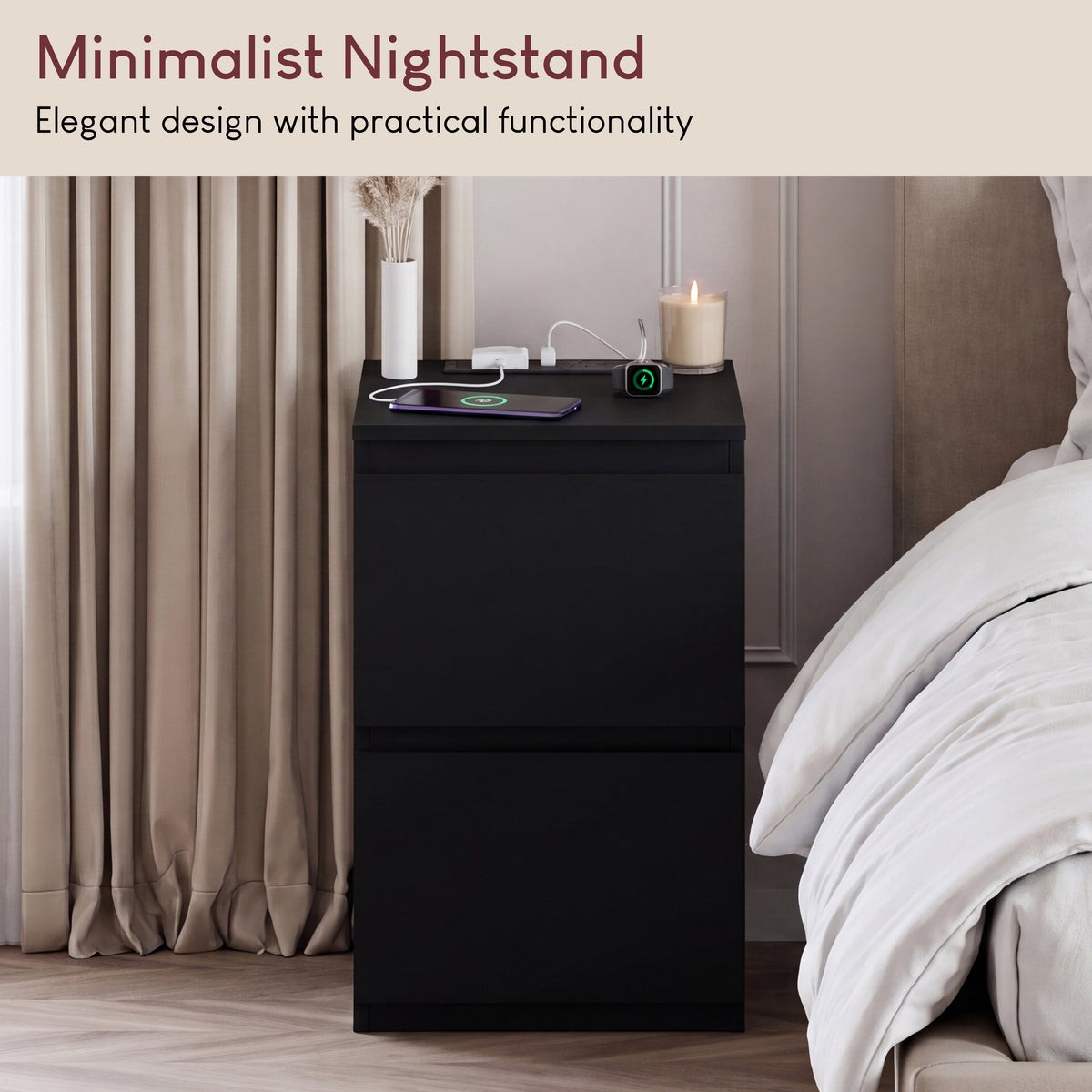 Denver 2 Drawer Bedside Chest Table with Power Outlet, Black