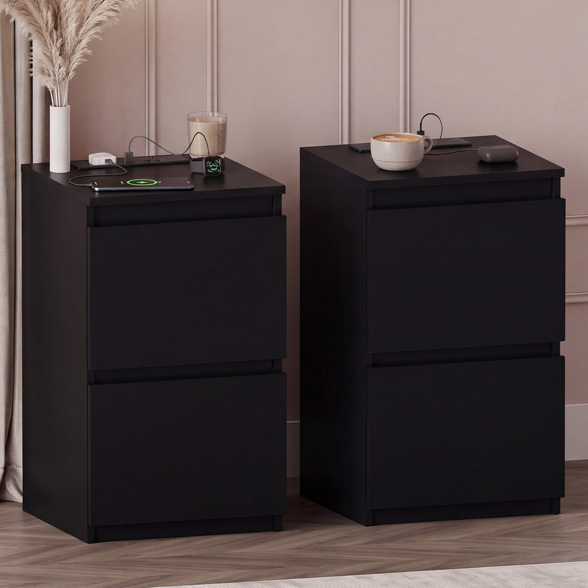 Denver 2 Drawer small Bedside Chest Table, black, with Power Outlet for bedroom Storage, Set