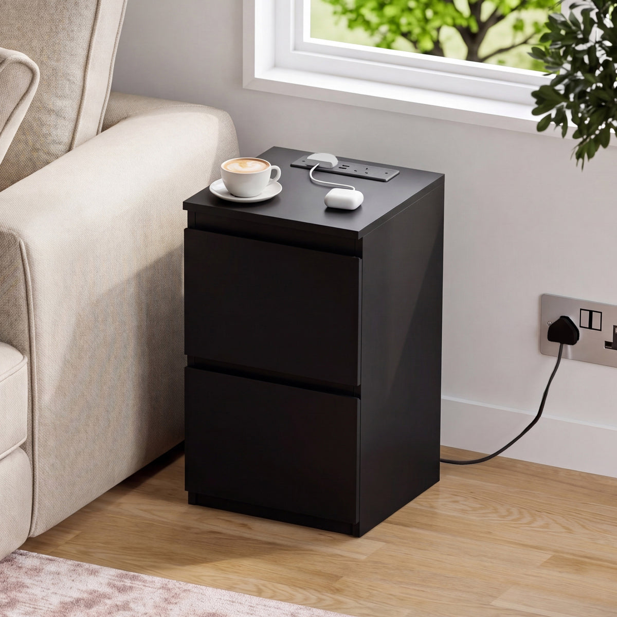 Denver 2 Drawer Bedside Chest Table with Power Outlet, Black