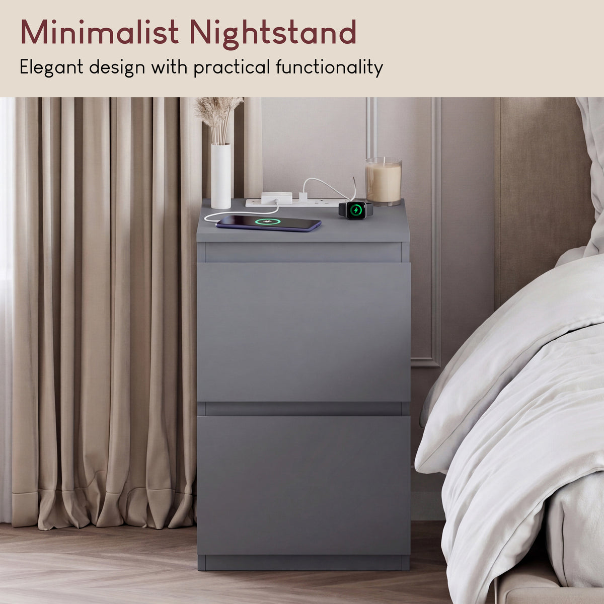 Denver 2 Drawer Bedside Chest Table with Power Outlet, Grey