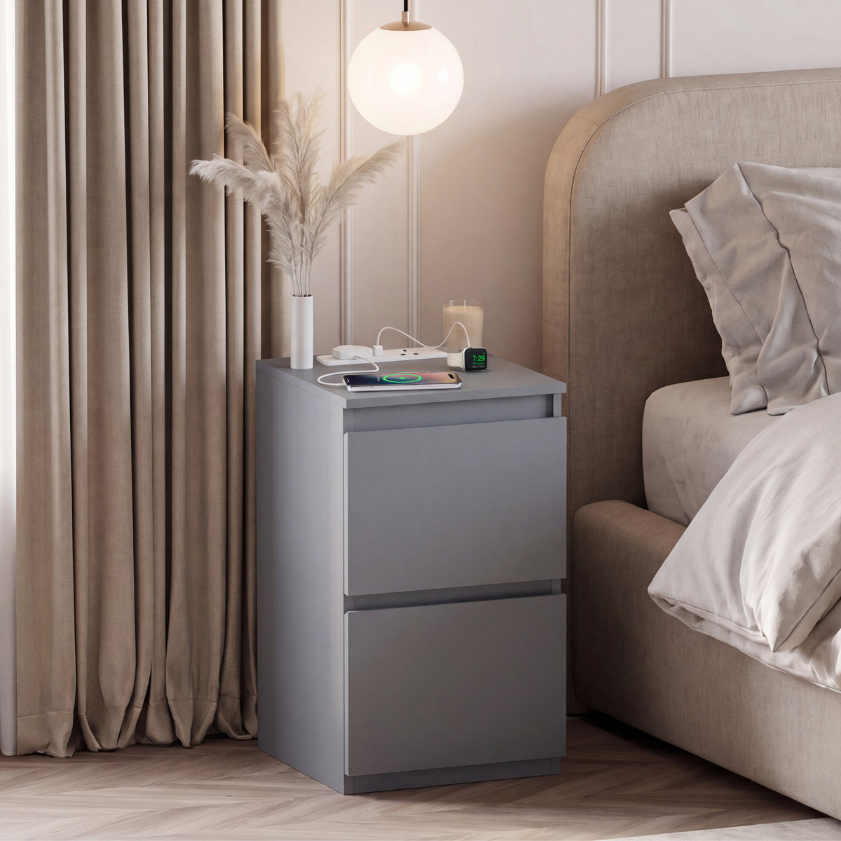 Denver 2 Drawer Bedside Chest Table with Power Outlet, Set of 2, Grey