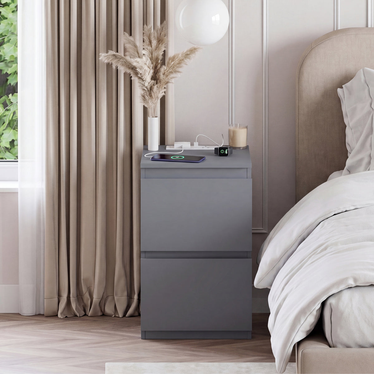 Denver 2 Drawer Bedside Chest Table with Power Outlet, Grey