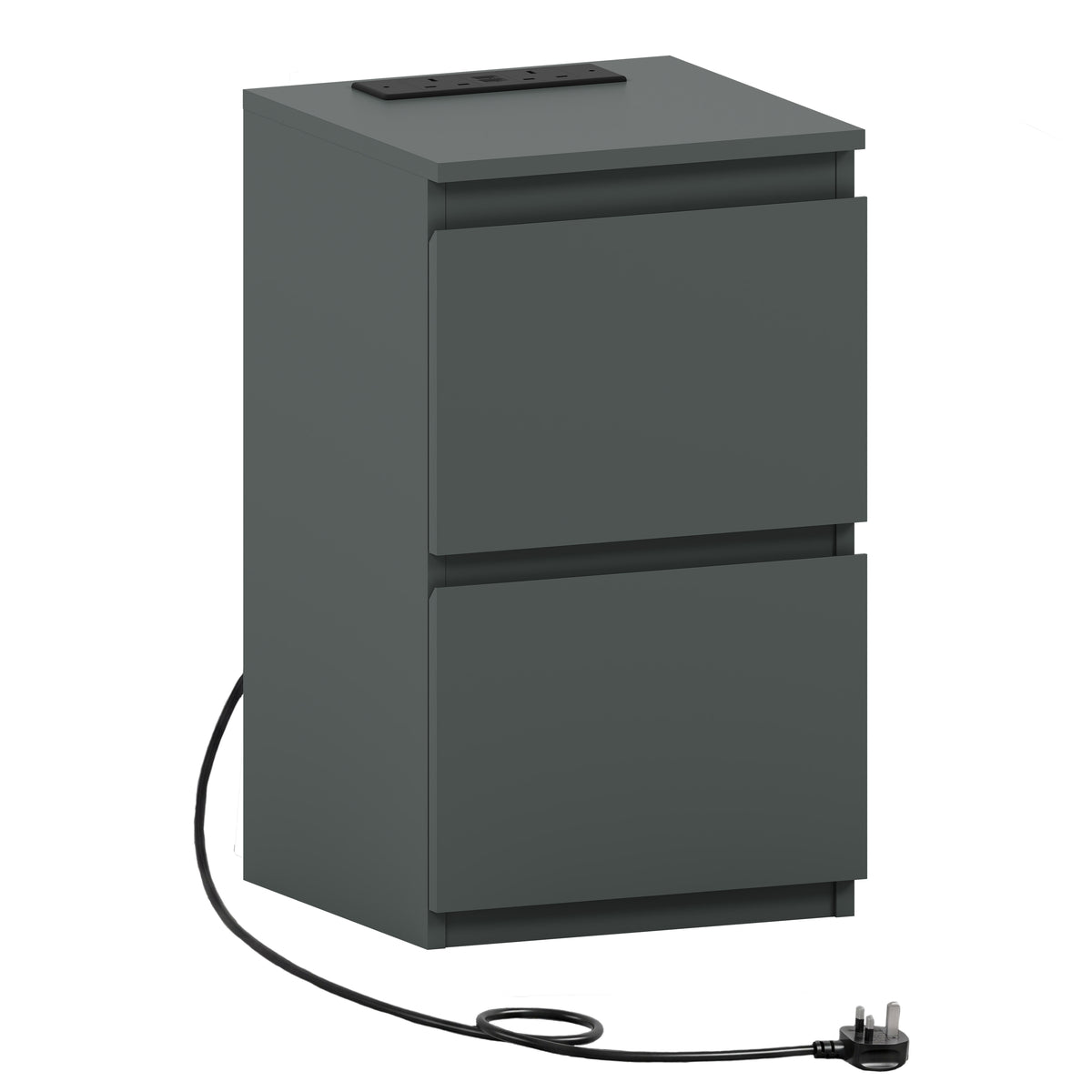 Denver 2 Drawer small Bedside Chest Table, Green, with Power Outlet for bedroom storage