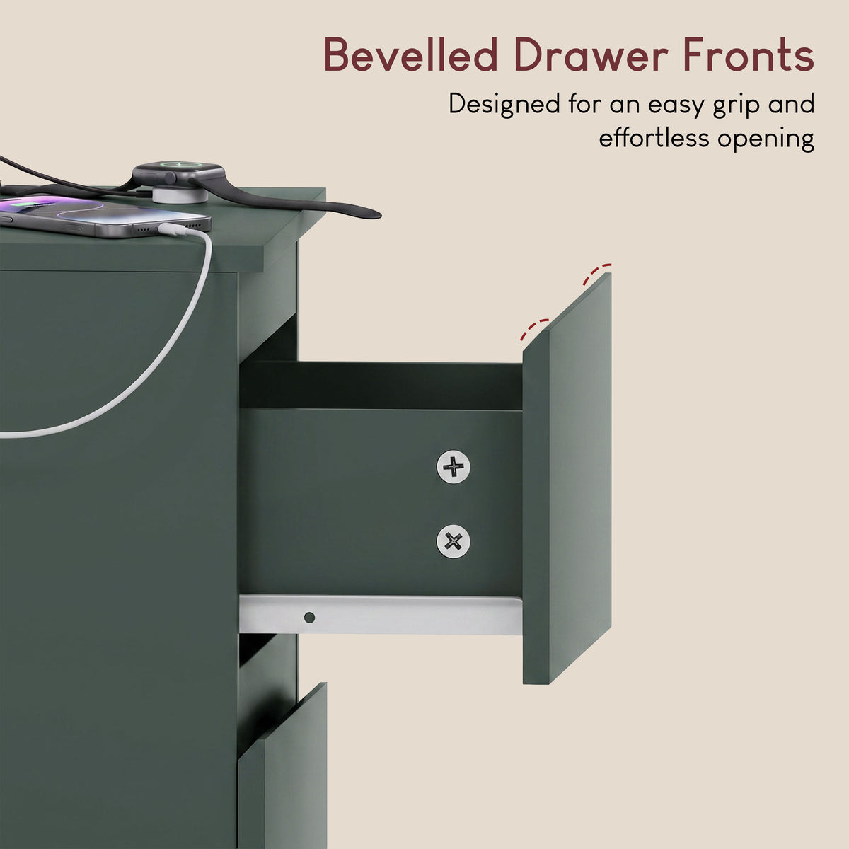 Denver 2 Drawer Bedside Chest Table with Power Outlet, Set of 2, Jasper Green