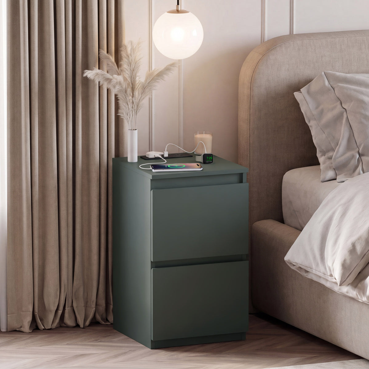 Denver 2 Drawer small Bedside Chest Table, Green, with Power Outlet for bedroom storage