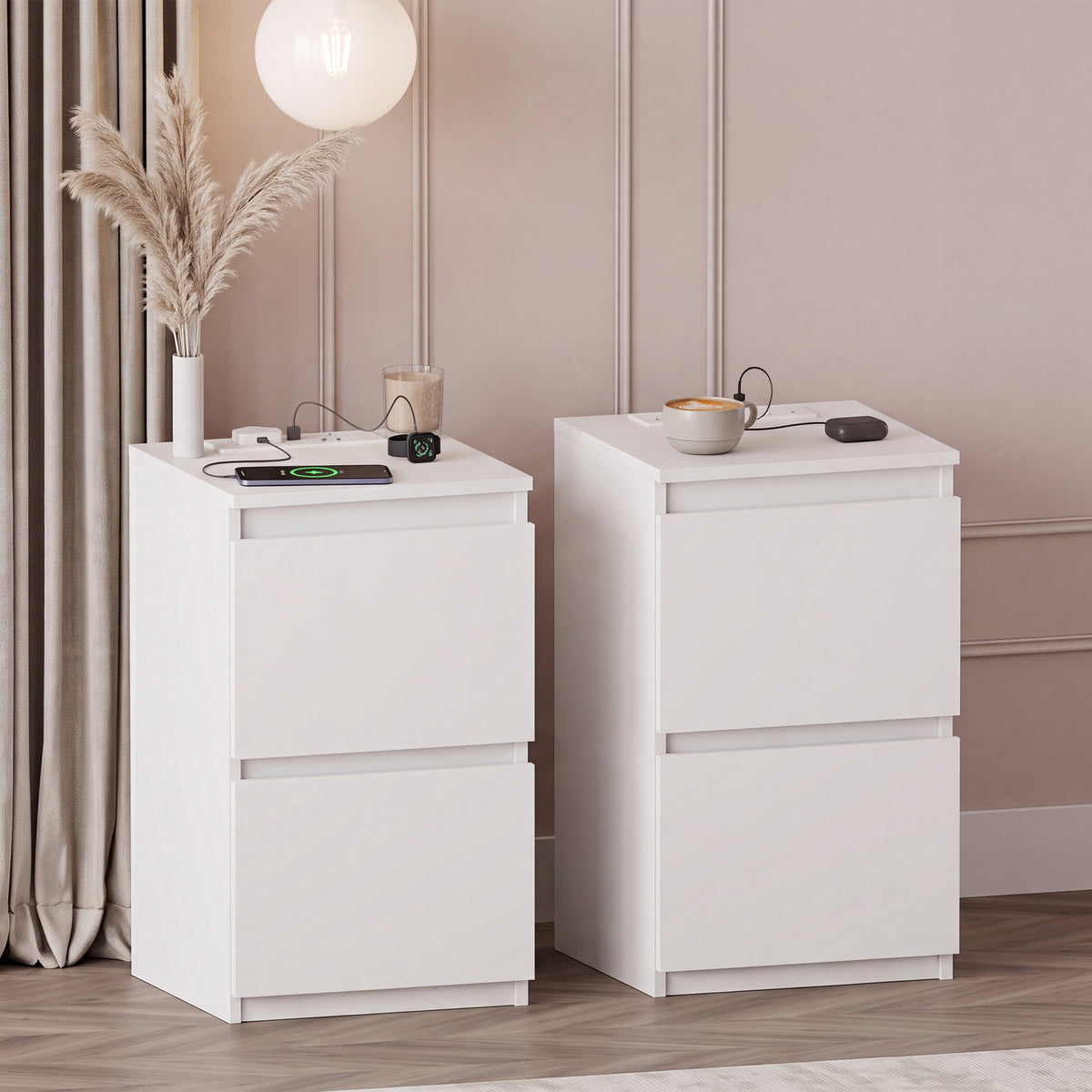 Denver 2 Drawer small Bedside Chest Table, white, with Power Outlet for bedroom storage, Set