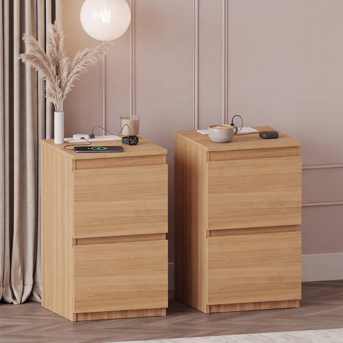 Denver 2 Drawer small Bedside Chest Table, pine, with Power Outlet for bedroom Storage, Set