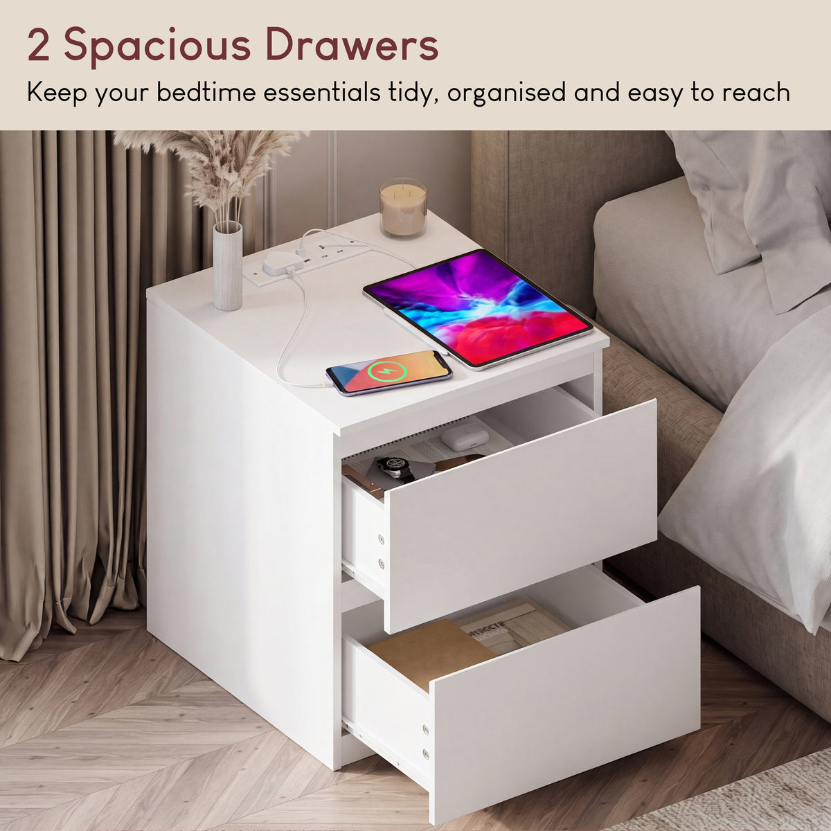 Denver 2 Drawer Large Bedside Chest Table with Power Outlet, White