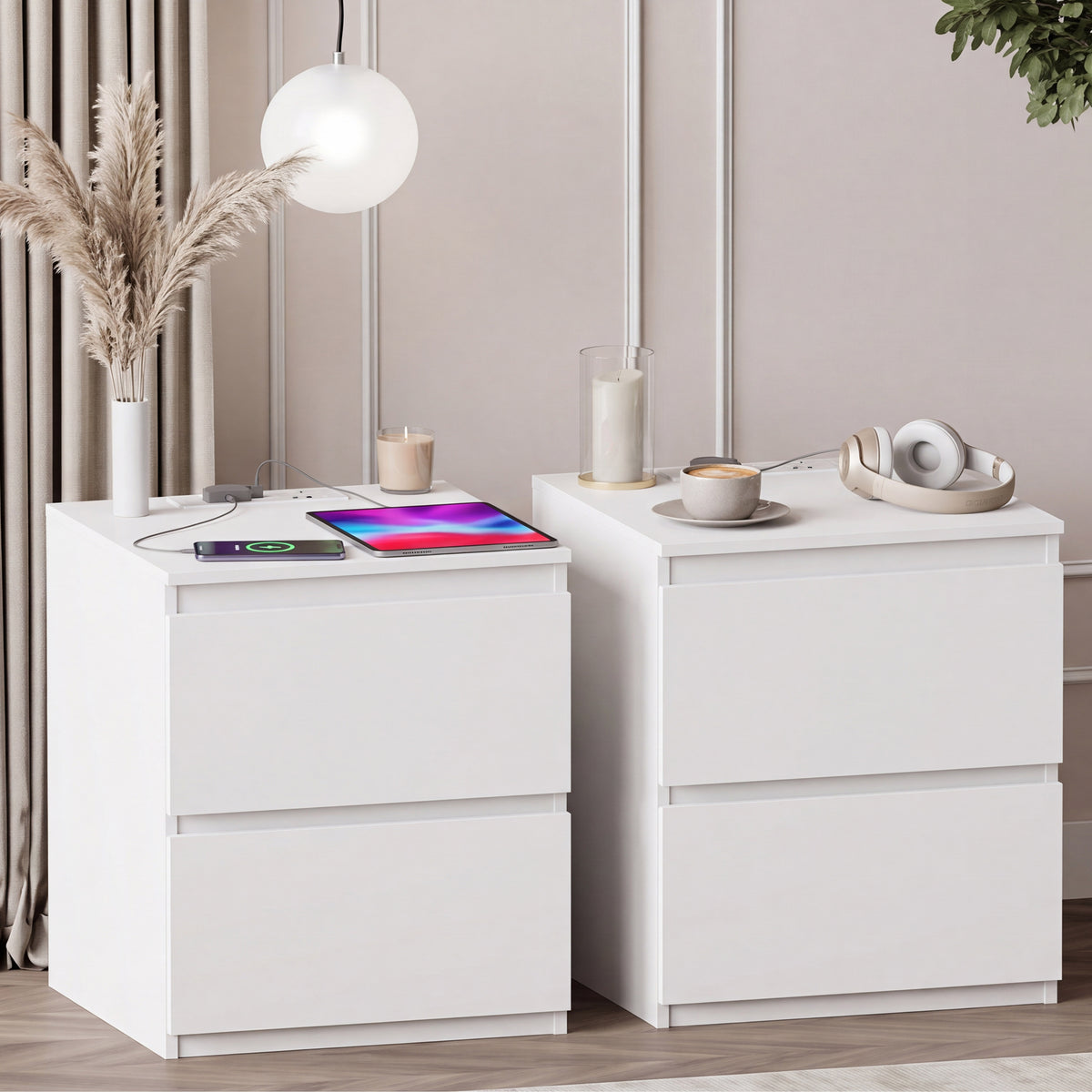 Denver 2 Drawer large Bedside Chest Table, white, with Power Outlet for bedroom Storage, Set