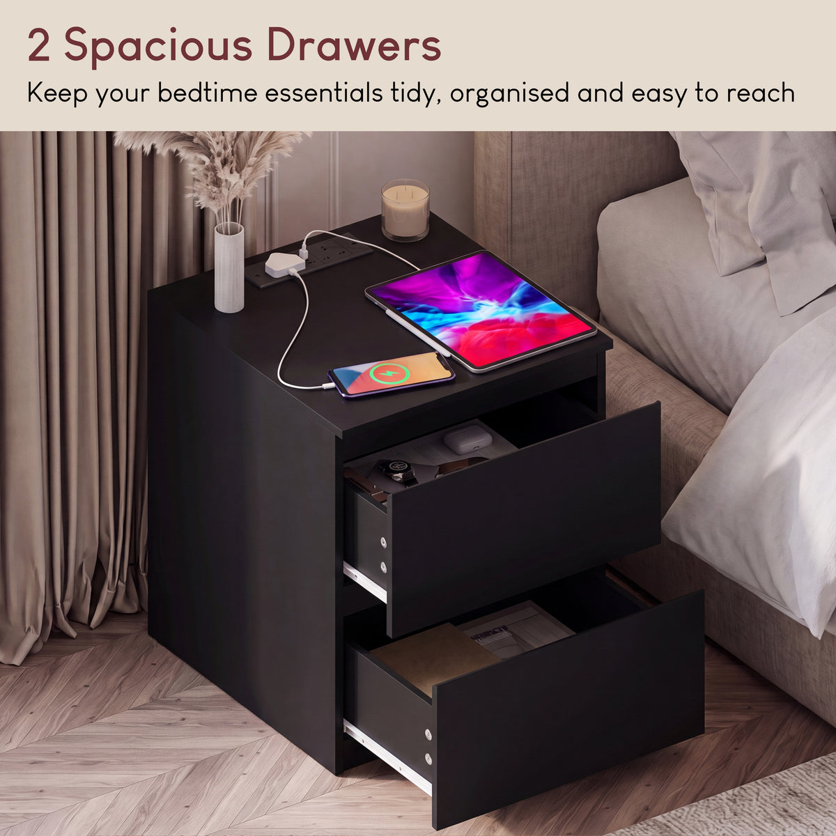 Denver 2 Drawer Large Bedside Chest Table with Power Outlet, Set of 2, Black