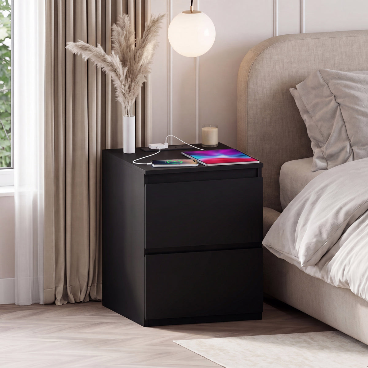 Denver 2 Drawer Large Bedside Chest Night Stand with Power Outlet, White