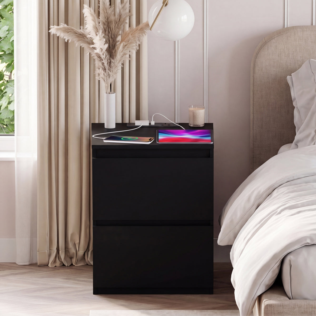 Denver 2 Drawer Large Bedside Chest Table with Power Outlet, Set of 2, Black